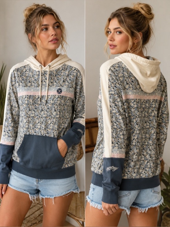 Hooey Other - Hooey Women’s Ditzy Floral Hoodie Blue Cream Pullover Kangaroo Pocket M